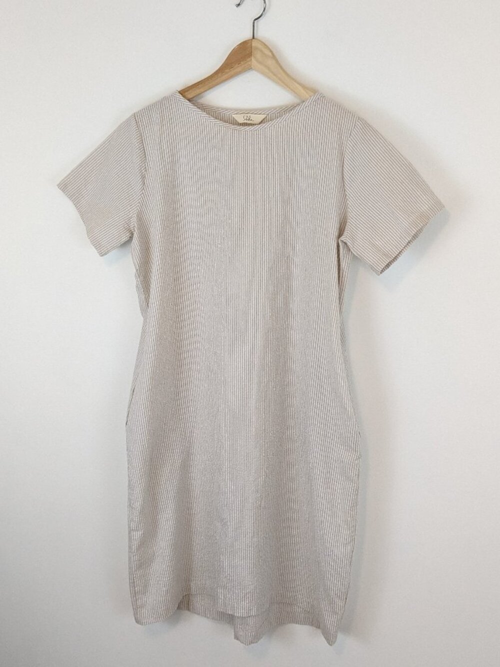 Sotela Shift Dress Beige Tan & White Vertical Stripe